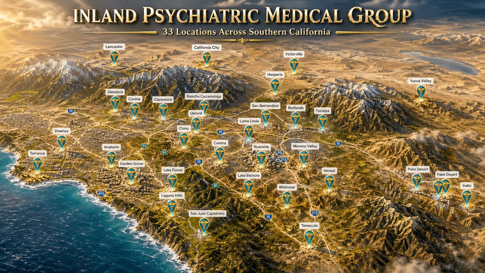 Illustrated map of Southern California showing 33 IPMG TMS clinic locations