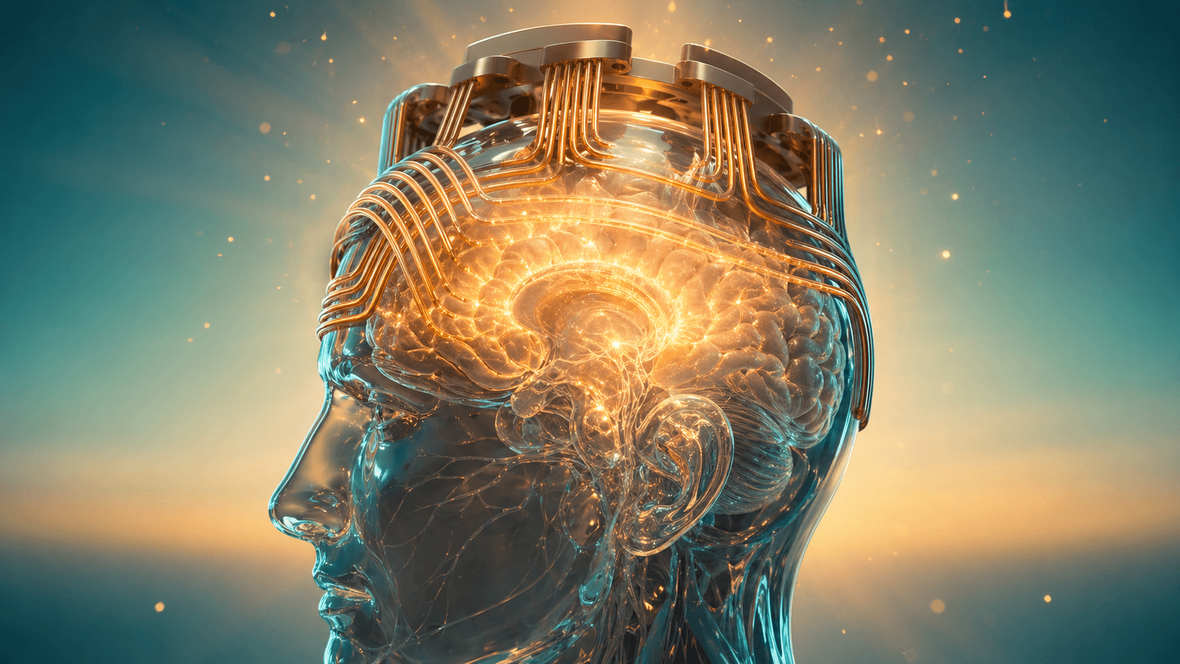 BrainsWay Deep TMS H-coil helmet — translucent human head profile with a glowing brain encircled by a complex golden, mesh-like coil cap delivering deep transcranial magnetic stimulation