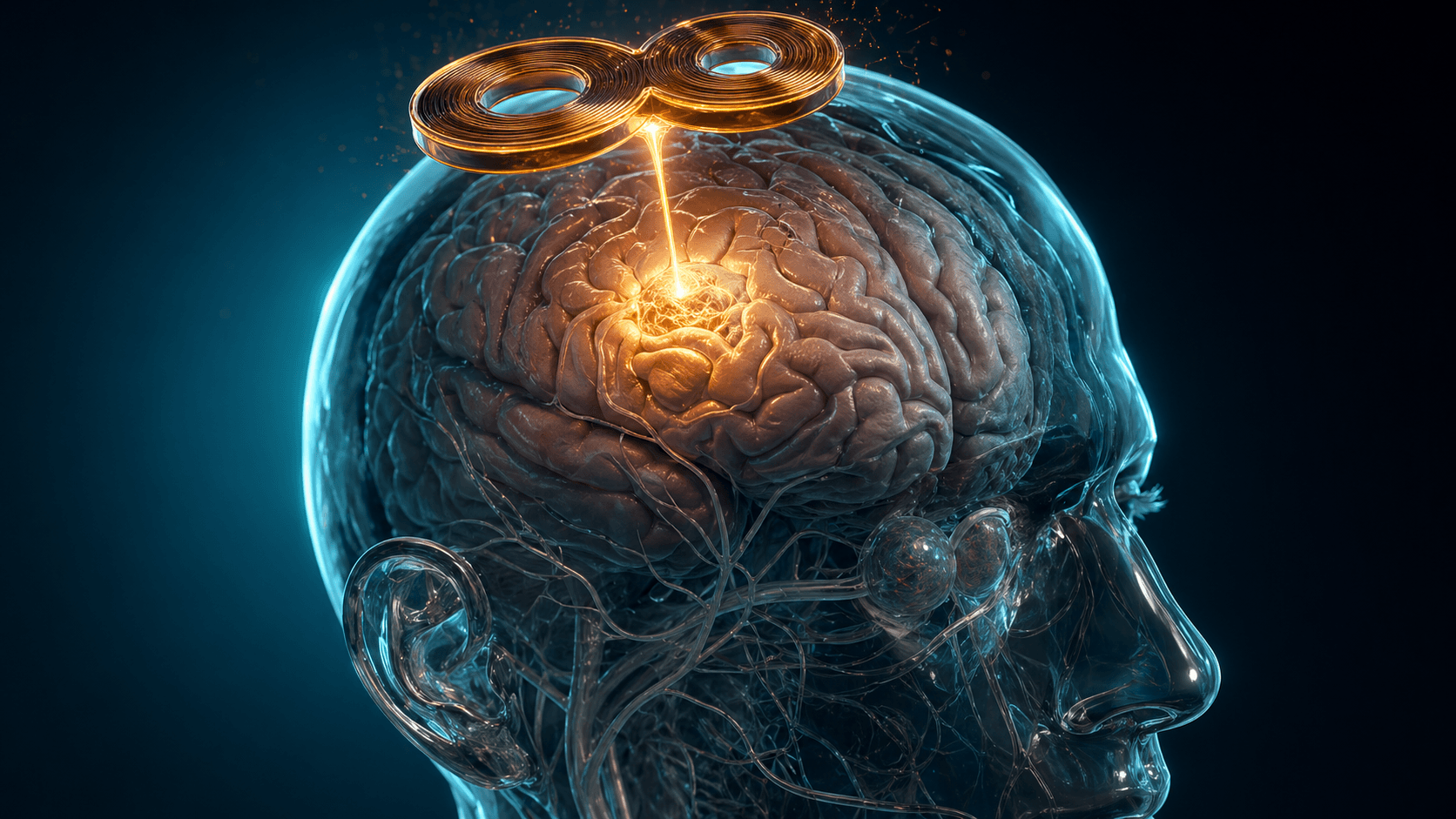 Standard repetitive TMS — translucent human head profile with a glowing brain being targeted by a golden figure-8 magnetic coil hovering above the scalp